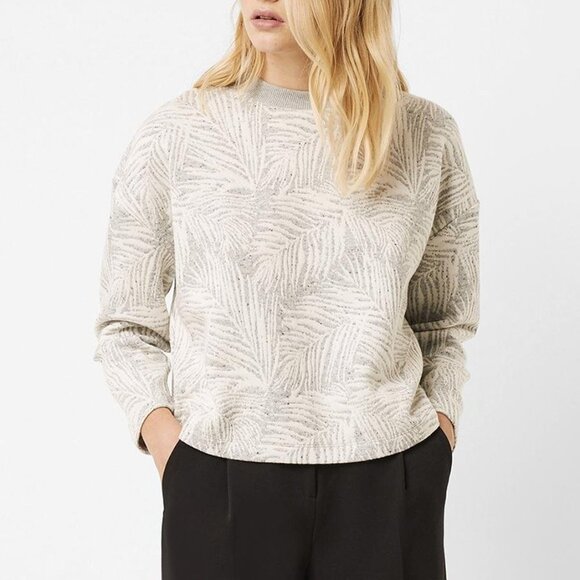 FRENCH CONNECT. nwt Sekia Jersey Sweatshirt Cropped Leaf Print L Gray White - Picture 2 of 13